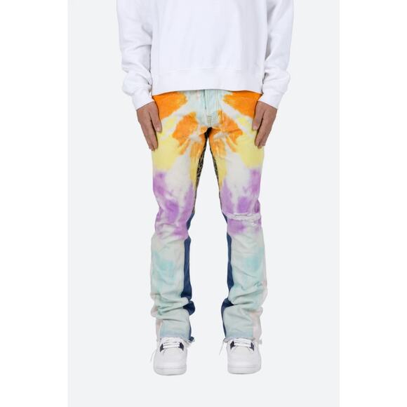 MNML Men’s Slim Flare Light Wash Denim Jeans Tie Dye Deconstructed Hem Size 30 - Picture 1 of 6